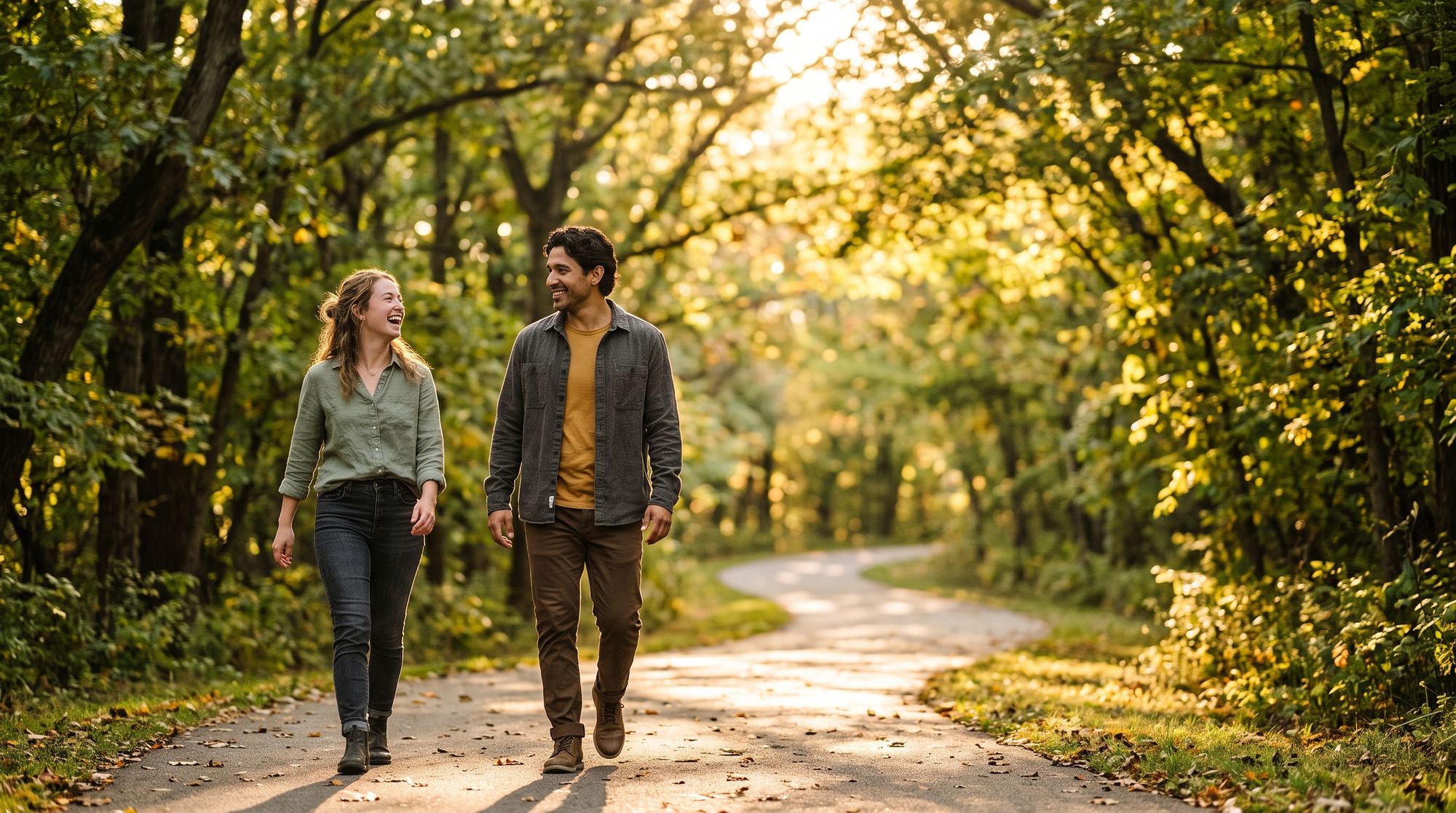 A man and a woman walking together on a sunlit wooded path